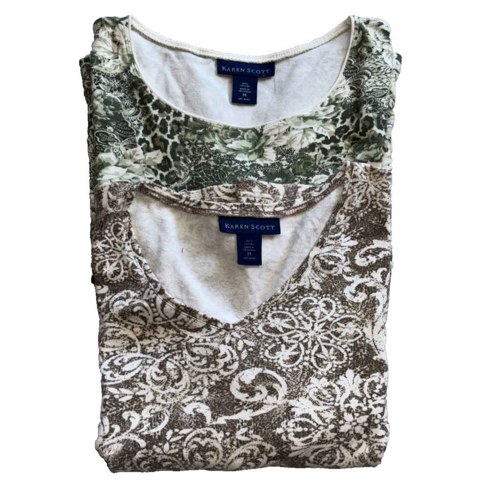 Karen Scott Lot of 2 Printed Knit Tops Floral Lace Damask Print Med Green Brown